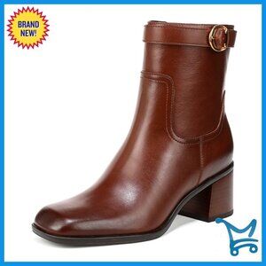Leather Ankle Boots with Block Heel, Side Zip, Decorative Strap